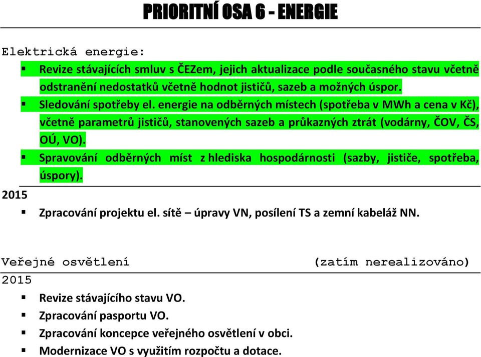 energie na odběrných místech (spotřeba v MWh a cena v Kč), včetně parametrů jističů, stanovených sazeb a průkazných ztrát (vodárny, ČOV, ČS, OÚ, VO).