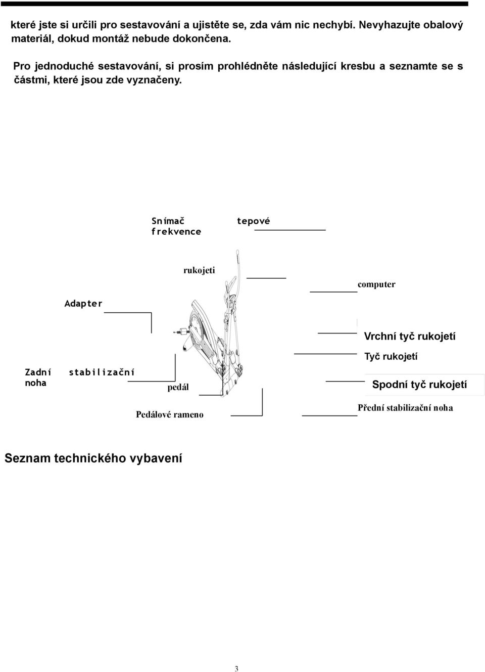 Sn ímač tepové f rekvence rukojeti Hand lba r Handlebar computer Adapter Swing Upper bar swing bar Vrchní tyč rukojetí Hand leber co