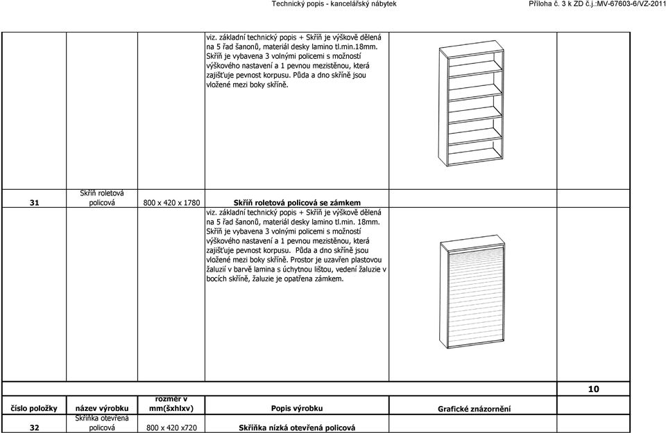 31 Skříň roletová policová 800 x 420 x 1780 Skříň roletová policová se zámkem viz. základní technický popis + Skříň je výškově dělená na 5 řad šanonů, materiál desky lamino tl.min. 18mm.
