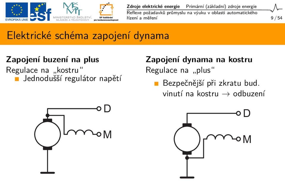 Regulace na kostru Jednodušší regulátor napětí D M Zapojení dynama na