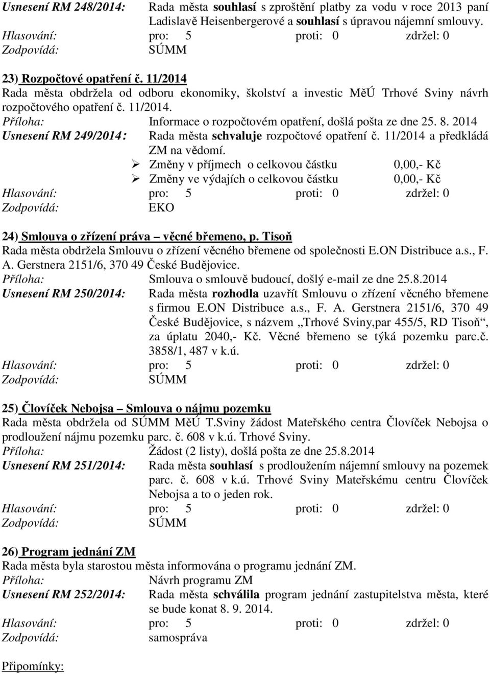 2014 Usnesení RM 249/2014: Rada města schvaluje rozpočtové opatření č. 11/2014 a předkládá ZM na vědomí.