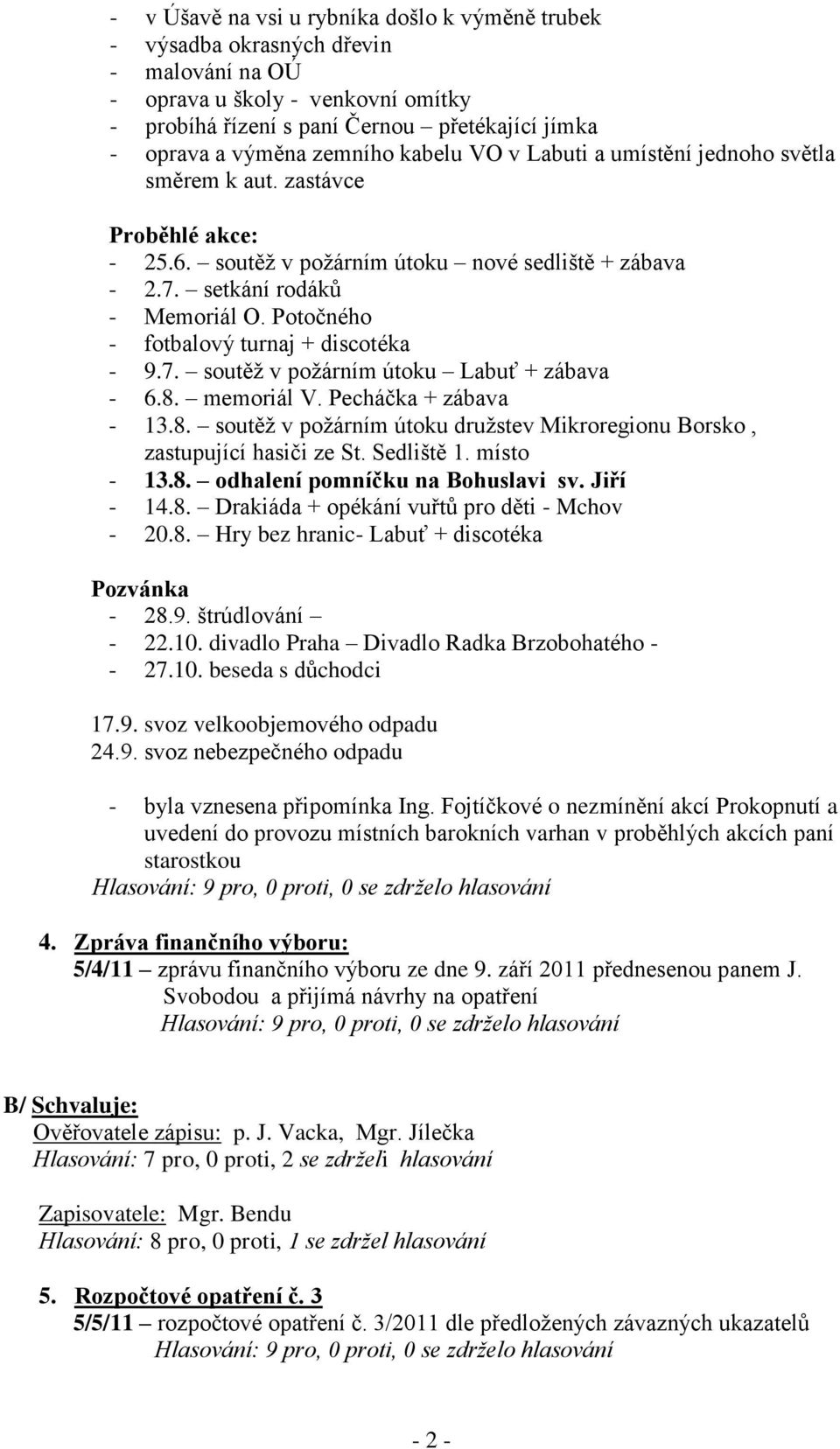 Potočného - fotbalový turnaj + discotéka - 9.7. soutěž v požárním útoku Labuť + zábava - 6.8. memoriál V. Pecháčka + zábava - 13.8. soutěž v požárním útoku družstev Mikroregionu Borsko, zastupující hasiči ze St.