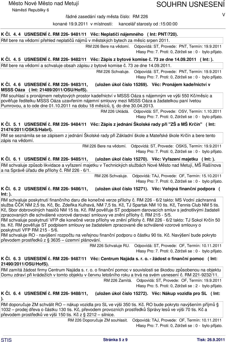 RM bere na vědomí a schvaluje obsah zápisu z bytové komise č. 73 ze dne 14.09.2011. RM 226 Schvaluje. Odpovídá: ST, Provede: PNT, Termín: 19.9.2011 K Čl. 4. 6 USNESENÍ č.