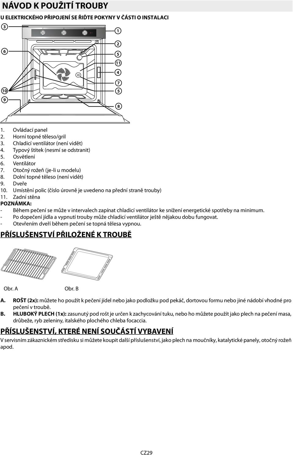 Umístění polic (číslo úrovně je uvedeno na přední straně trouby) 11. Zadní stěna POZNÁMKA: - Během pečení se může v intervalech zapínat chladicí ventilátor ke snížení energetické spotřeby na minimum.