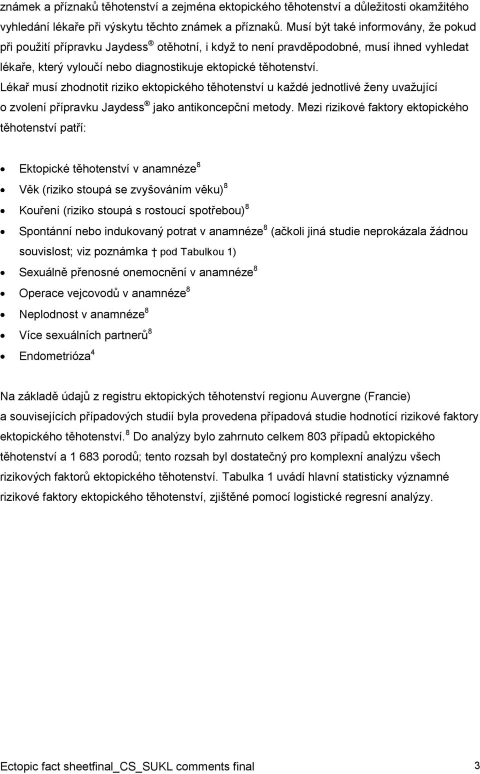 Lékař musí zhodnotit riziko ektopického těhotenství u každé jednotlivé ženy uvažující o zvolení přípravku Jaydess jako antikoncepční metody.