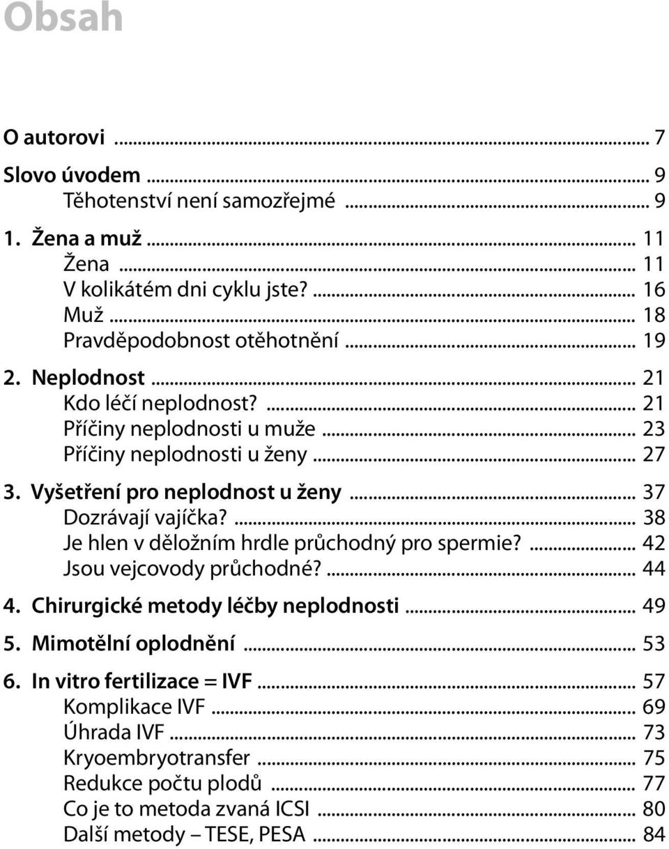 ... 38 Je hlen v děložním hrdle průchodný pro spermie?... 42 Jsou vejcovody průchodné?... 44 4. Chirurgické metody léčby neplodnosti... 49 5. Mimotělní oplodnění... 53 6.