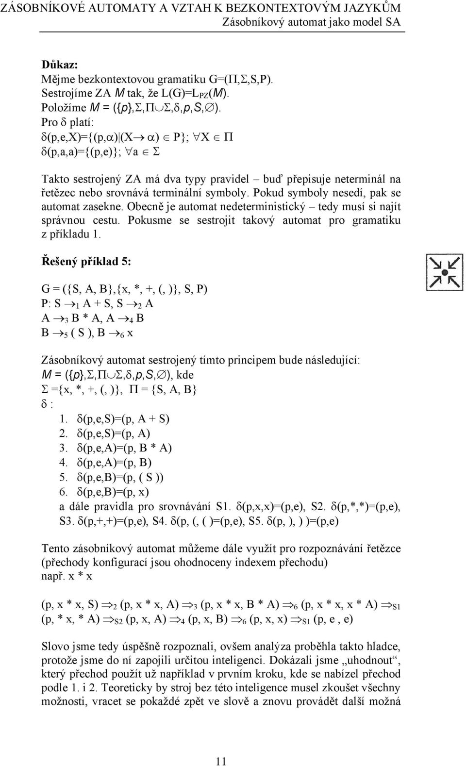 Pro δ platí: δ(p,e,x)={(p,α) (X α) P}; X Π δ(p,a,a)={(p,e)}; a Σ Takto sestrojený ZA má dva typy pravidel buď přepisuje neterminál na řetězec nebo srovnává terminální symboly.