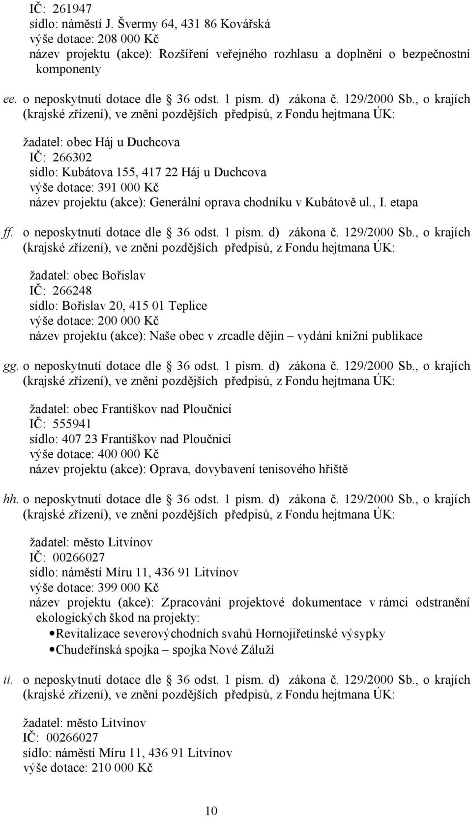 , o krajích (krajské zřízení), ve znění pozdějších předpisů, z Fondu hejtmana ÚK: žadatel: obec Háj u Duchcova IČ: 266302 sídlo: Kubátova 155, 417 22 Háj u Duchcova výše dotace: 391 000 Kč název