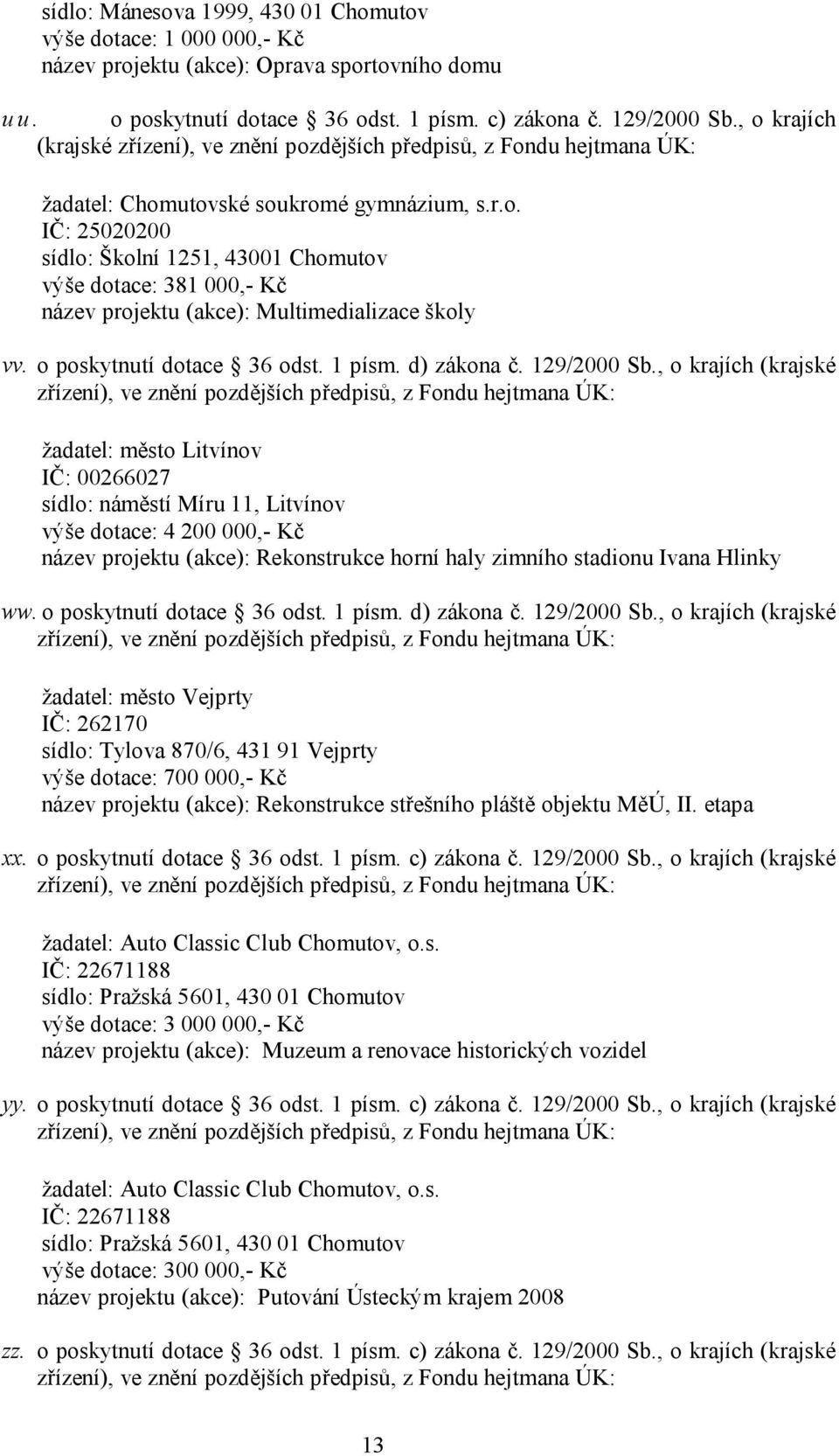 o poskytnutí dotace 36 odst. 1 písm. d) zákona č. 129/2000 Sb.