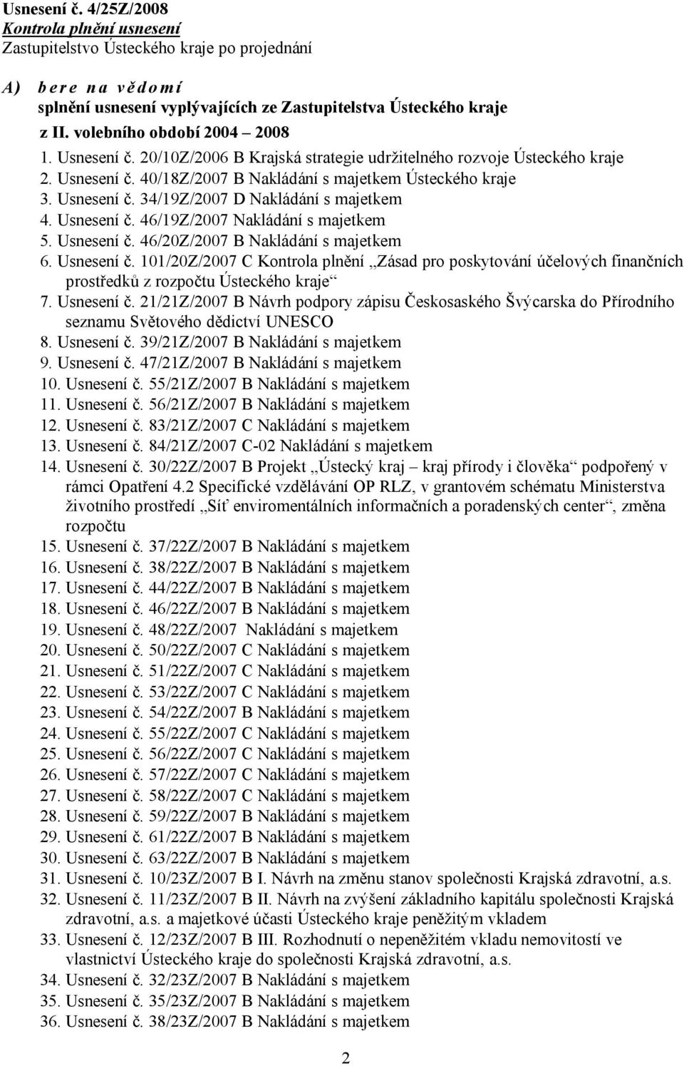 Usnesení č. 46/20Z/2007 B Nakládání s majetkem 6. Usnesení č. 101/20Z/2007 C Kontrola plnění Zásad pro poskytování účelových finančních prostředků z rozpočtu Ústeckého kraje 7. Usnesení č. 21/21Z/2007 B Návrh podpory zápisu Českosaského Švýcarska do Přírodního seznamu Světového dědictví UNESCO 8.