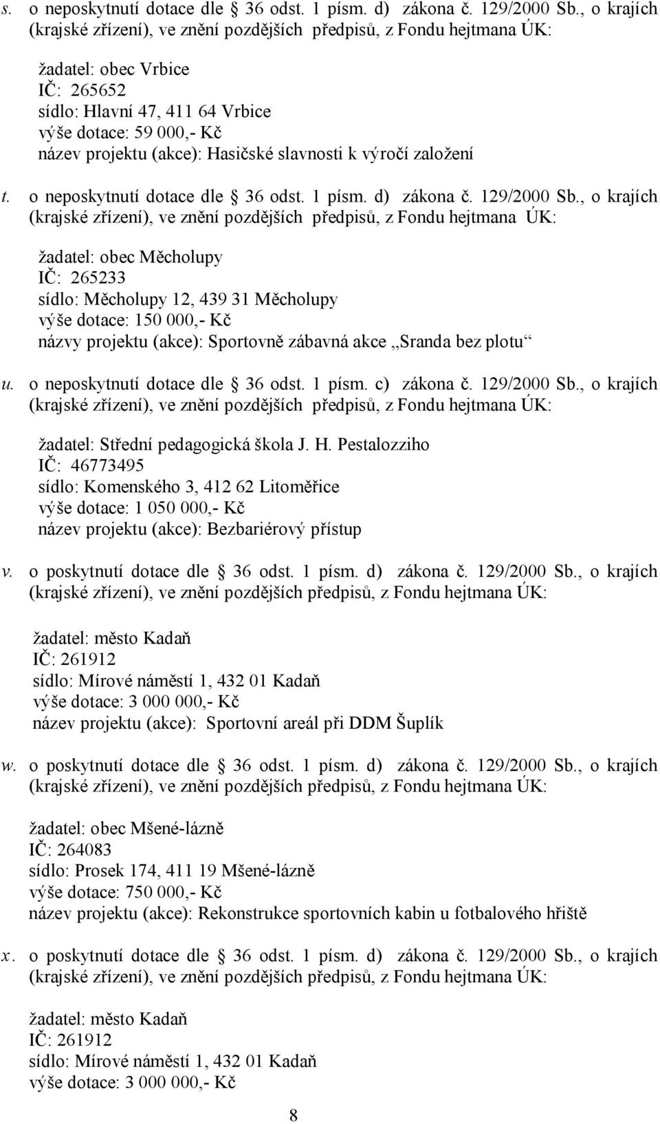 Hasičské slavnosti k výročí založení t. o neposkytnutí dotace dle 36 odst. 1 písm. d) zákona č. 129/2000 Sb.