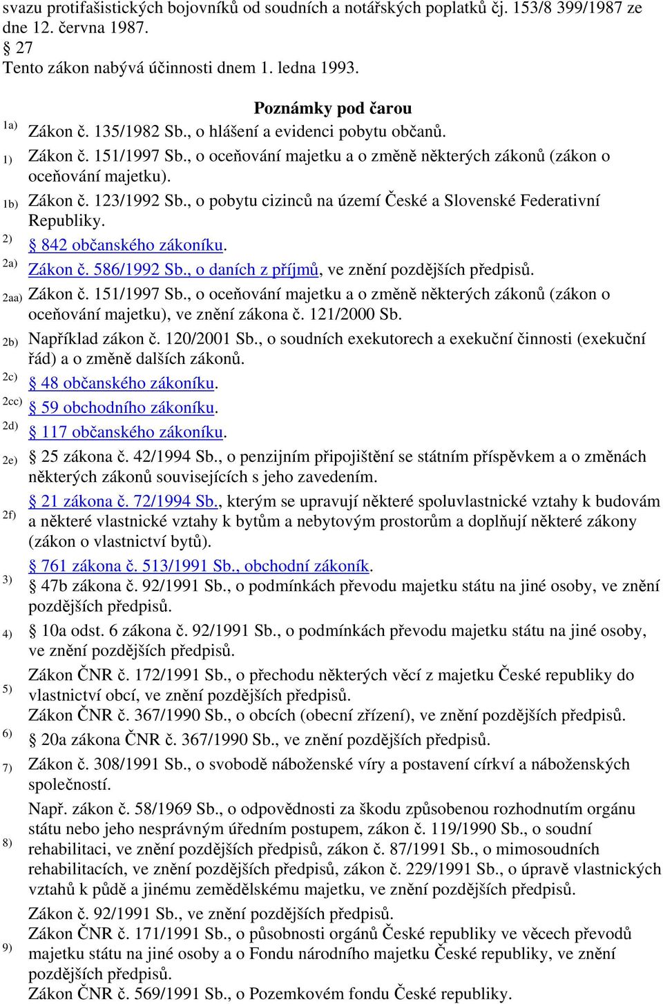 , o pobytu cizinců na území České a Slovenské Federativní Republiky. 2) 842 občanského zákoníku. 2a) Zákon č. 586/1992 Sb., o daních z příjmů, ve znění pozdějších předpisů. 2aa) Zákon č. 151/1997 Sb.