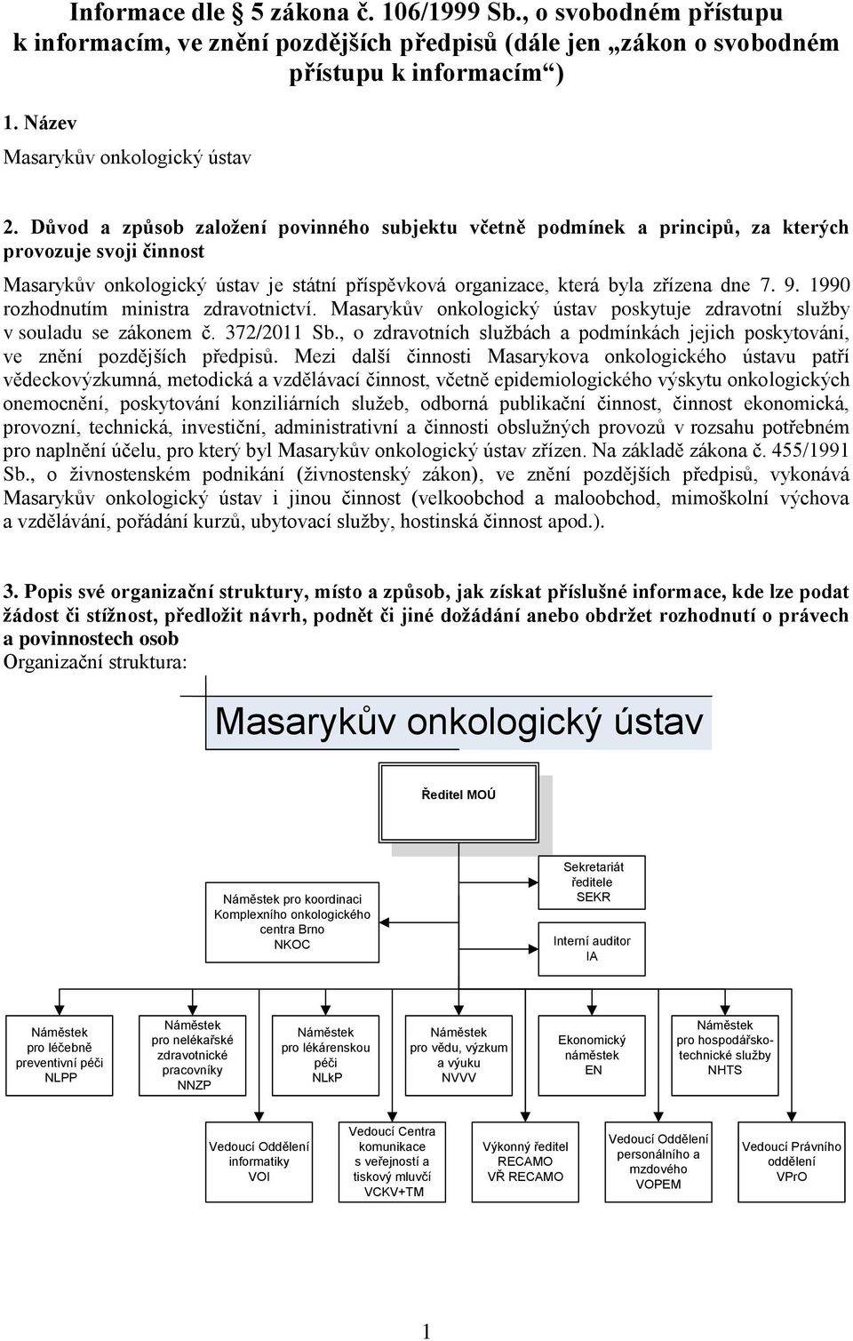 1990 rozhodnutím ministra zdravotnictví. Masarykův onkologický ústav poskytuje zdravotní služby v souladu se zákonem č. 372/2011 Sb., o zdravotních službách a podmínkách jejich poskytování, ve znění.