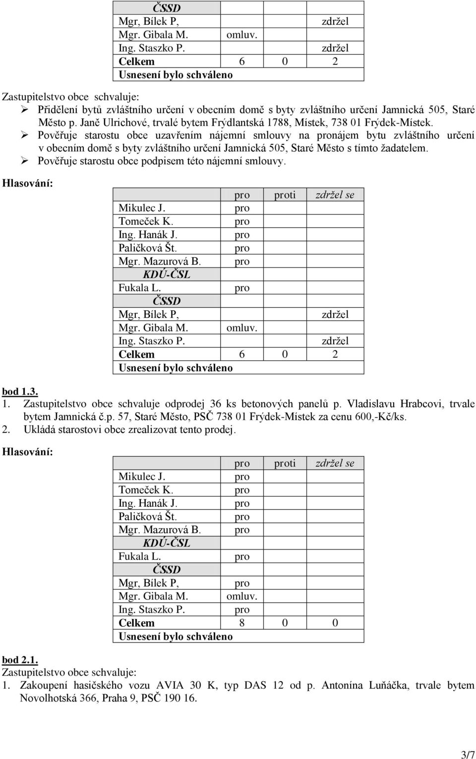 3. 1. Zastupitelstvo obce schvaluje oddej 36 ks betonových panelů p. Vladislavu Hrabcovi, trvale bytem Jamnická č.p. 57, Staré Město, PSČ 738 01 Frýdek-Místek za cenu 600,-Kč/ks.