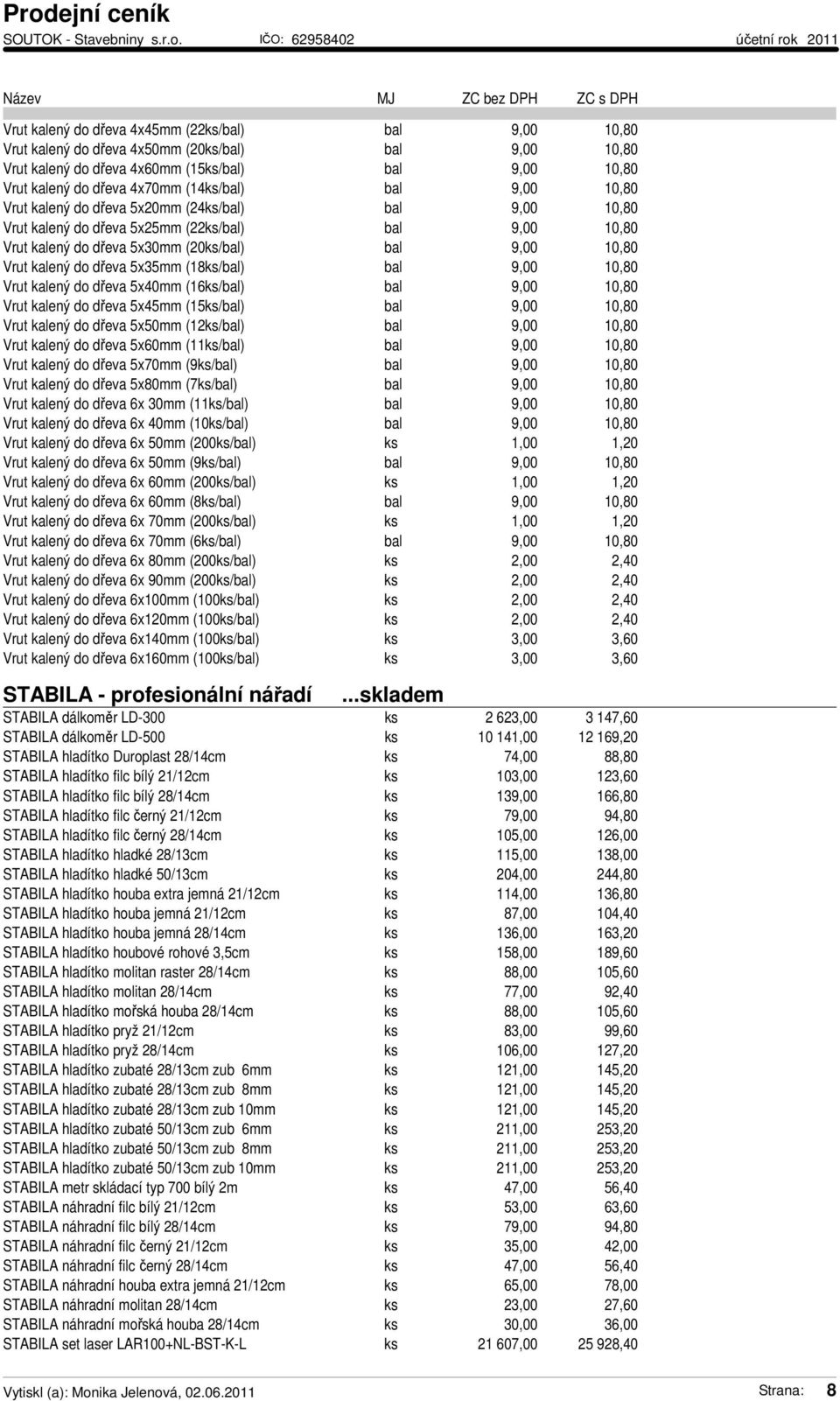 do dřeva 5x35mm (18ks/bal) bal 9,00 10,80 Vrut kalený do dřeva 5x40mm (16ks/bal) bal 9,00 10,80 Vrut kalený do dřeva 5x45mm (15ks/bal) bal 9,00 10,80 Vrut kalený do dřeva 5x50mm (12ks/bal) bal 9,00