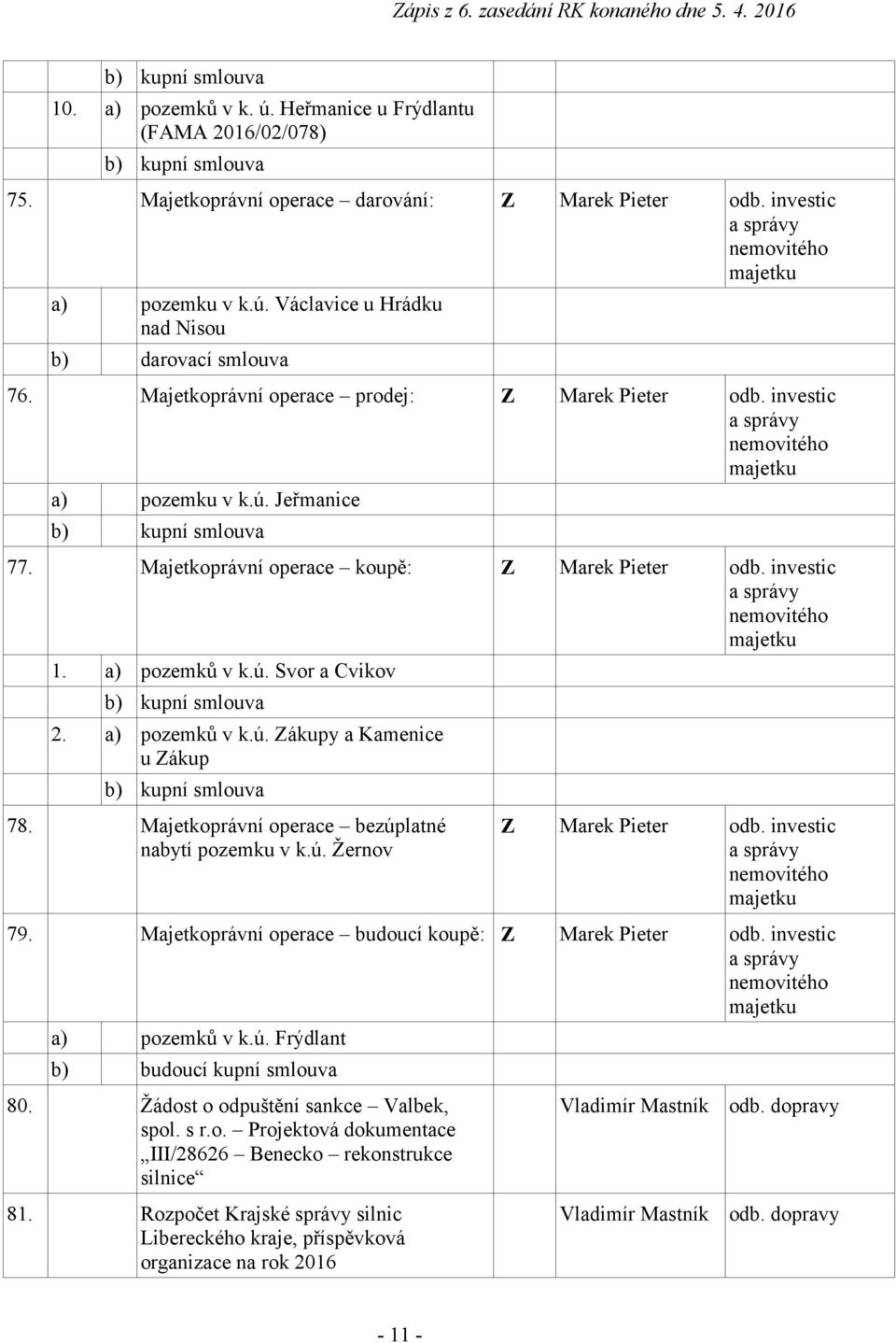 investic a správy nemovitého majetku a) pozemku v k.ú. Jeřmanice b) kupní smlouva 77. Majetkoprávní operace koupě: Z Marek Pieter odb. investic a správy nemovitého majetku 1. a) pozemků v k.ú. Svor a Cvikov b) kupní smlouva 2.