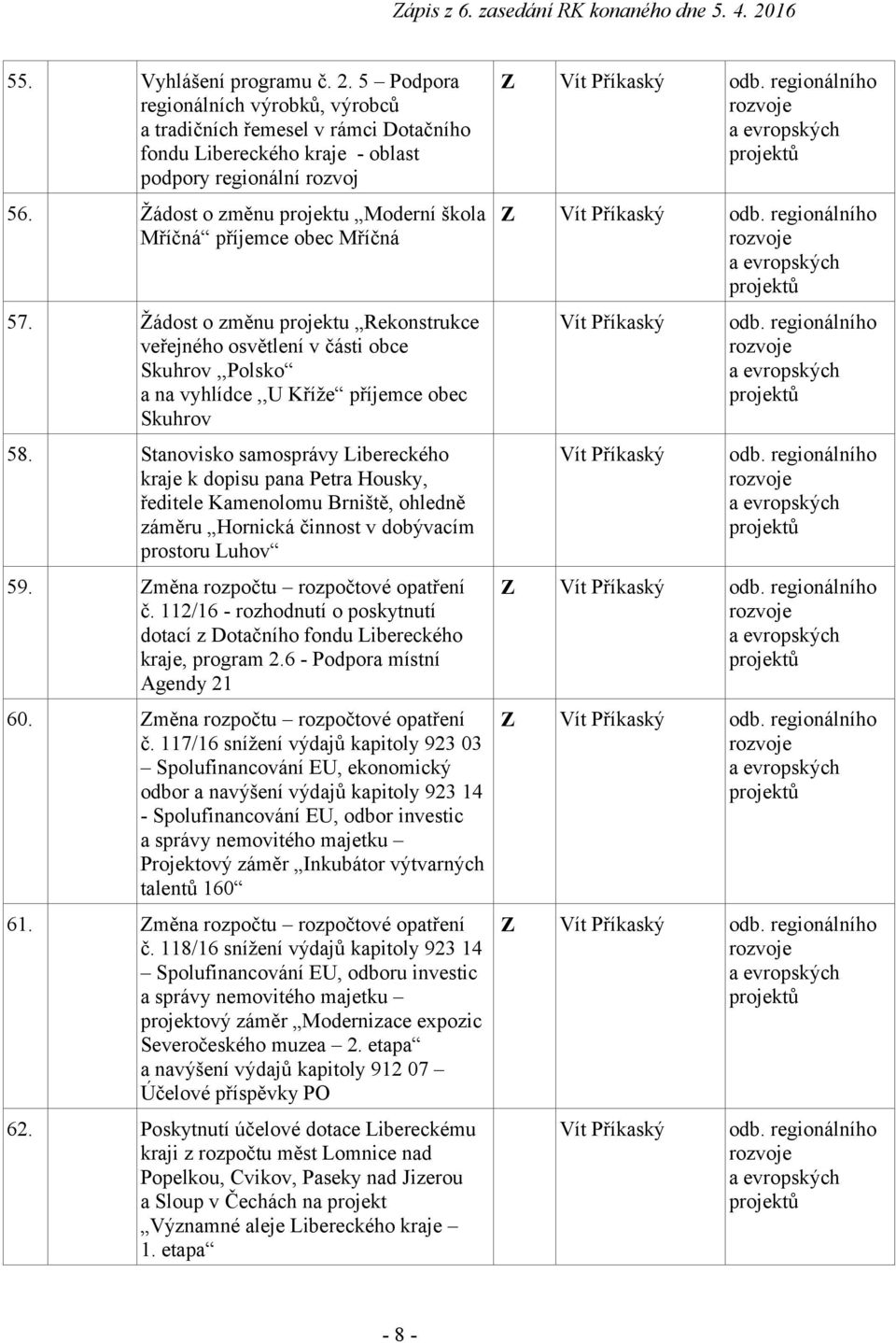 Stanovisko samosprávy Libereckého kraje k dopisu pana Petra Housky, ředitele Kamenolomu Brniště, ohledně záměru Hornická činnost v dobývacím prostoru Luhov 59. Změna rozpočtu rozpočtové opatření č.