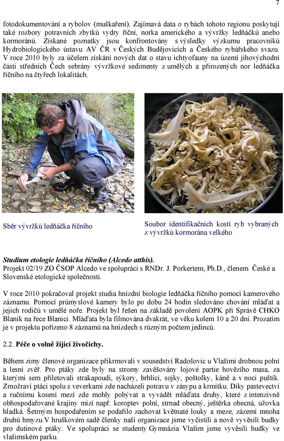 V roce 2010 byly za účelem získání nových dat o stavu ichtyofauny na území jihovýchodní části středních Čech sebrány vývržkové sedimenty z umělých a přirozených nor ledňáčka říčního na čtyřech