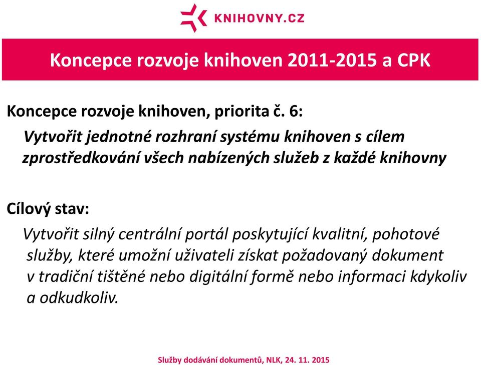 každé knihovny Cílový stav: Vytvořit silný centrální portál poskytující kvalitní, pohotové služby,