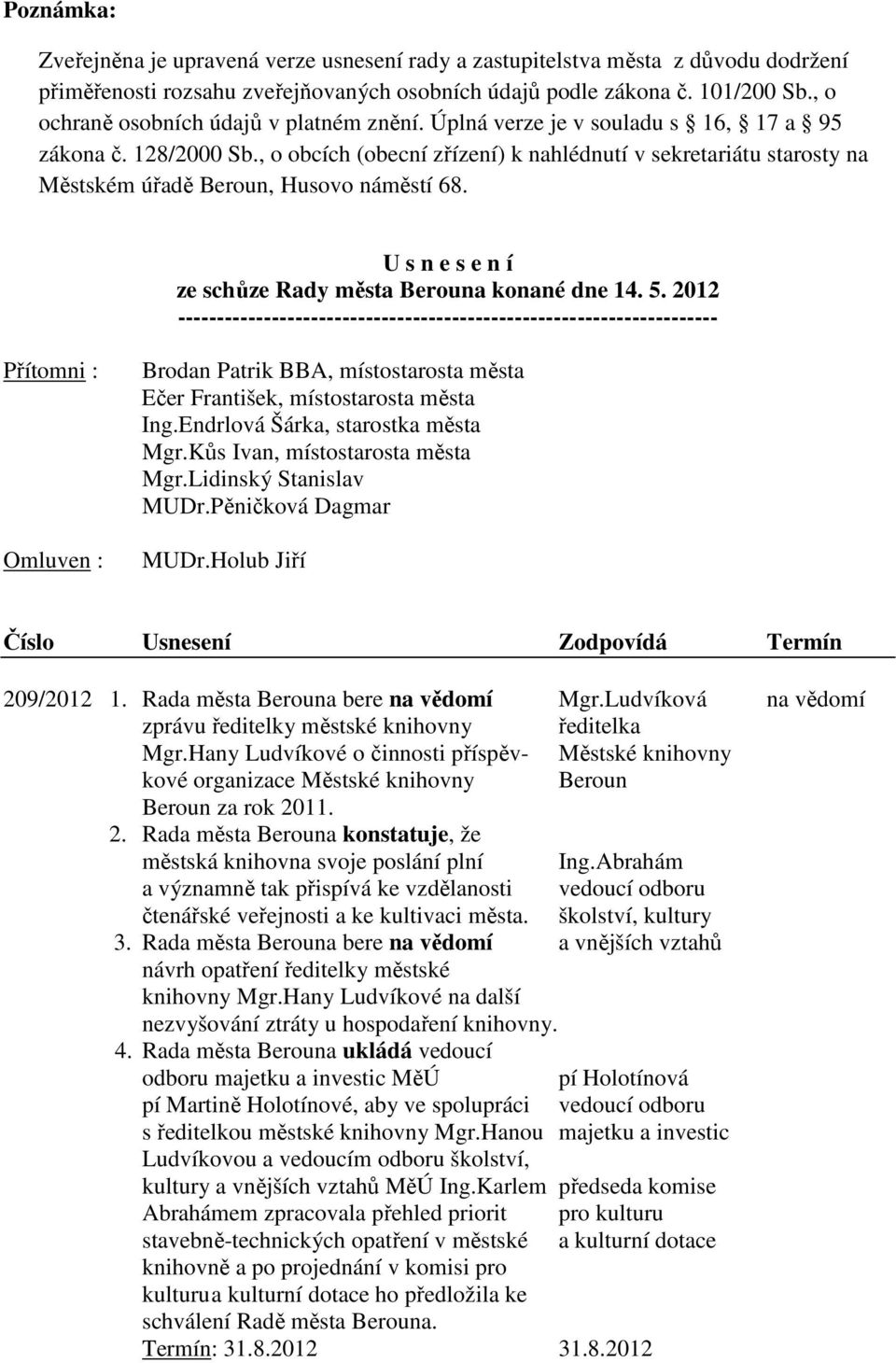 , o obcích (obecní zřízení) k nahlédnutí v sekretariátu starosty na Městském úřadě Beroun, Husovo náměstí 68. U s n e s e n í ze schůze Rady města Berouna konané dne 14. 5.