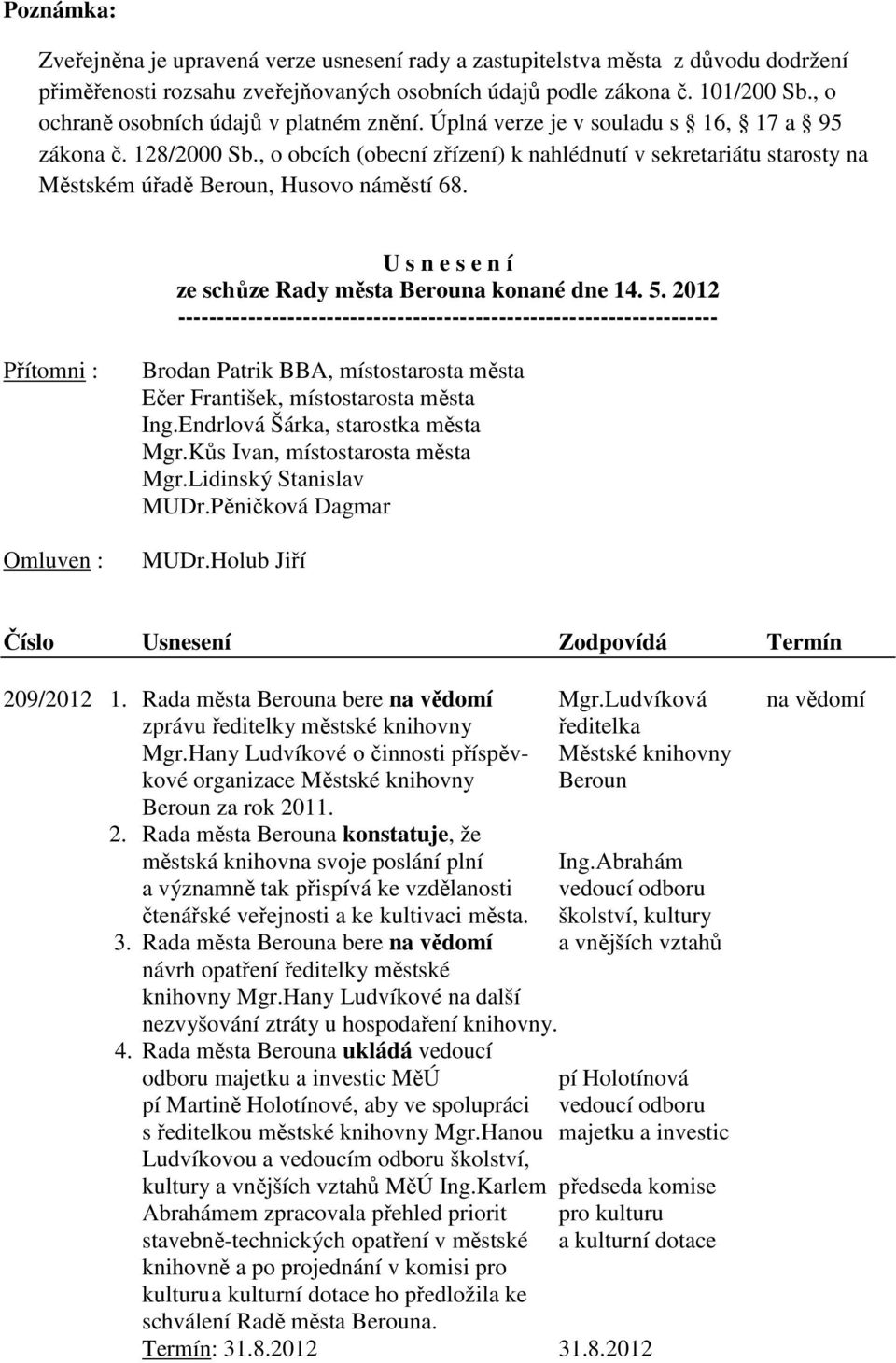 , o obcích (obecní zřízení) k nahlédnutí v sekretariátu starosty na Městském úřadě Beroun, Husovo náměstí 68. U s n e s e n í ze schůze Rady města Berouna konané dne 14. 5.