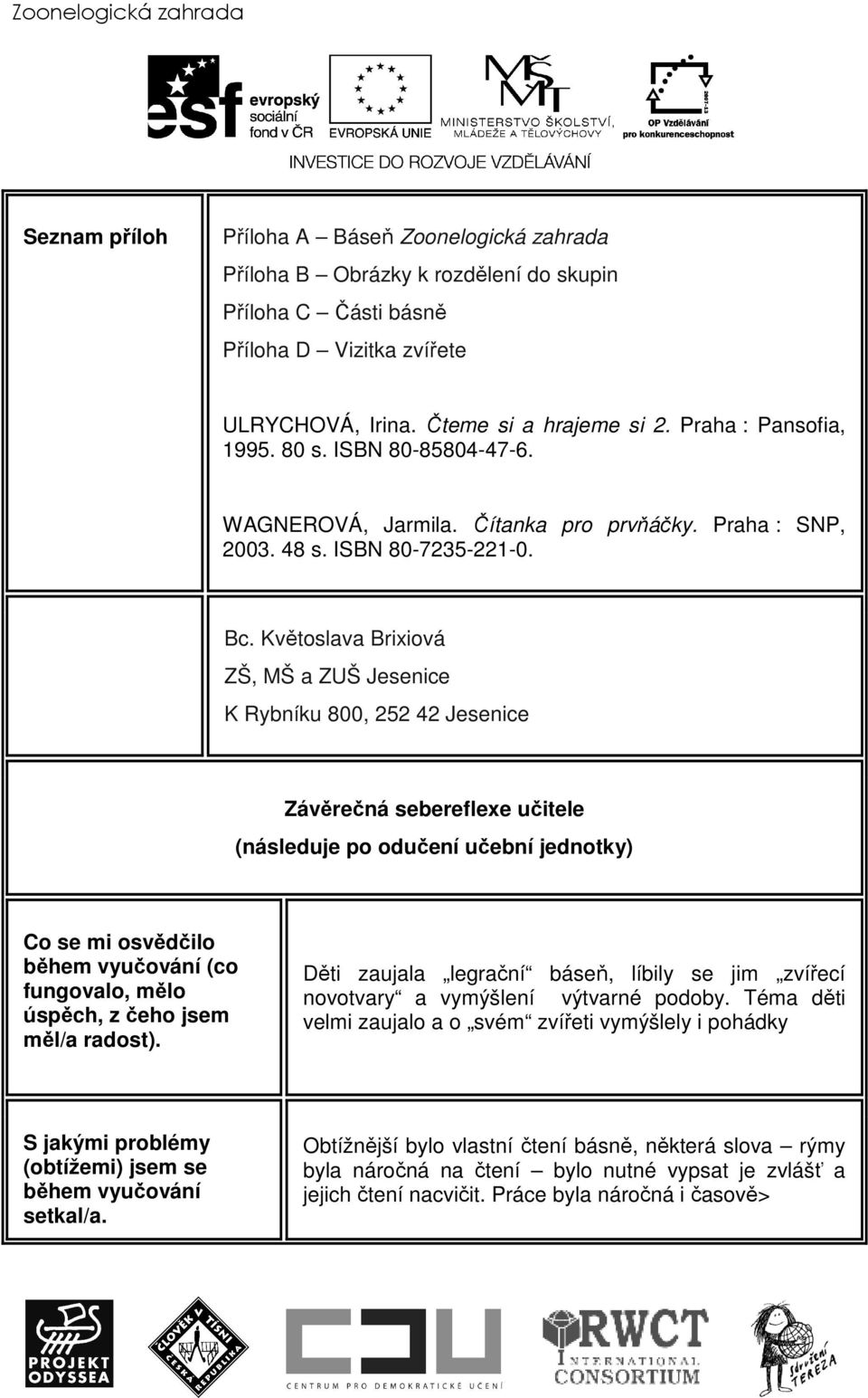 Květoslava Brixiová ZŠ, MŠ a ZUŠ Jesenice K Rybníku 800, 252 42 Jesenice Závěrečná sebereflexe učitele (následuje po odučení učební jednotky) Co se mi osvědčilo během vyučování (co fungovalo, mělo