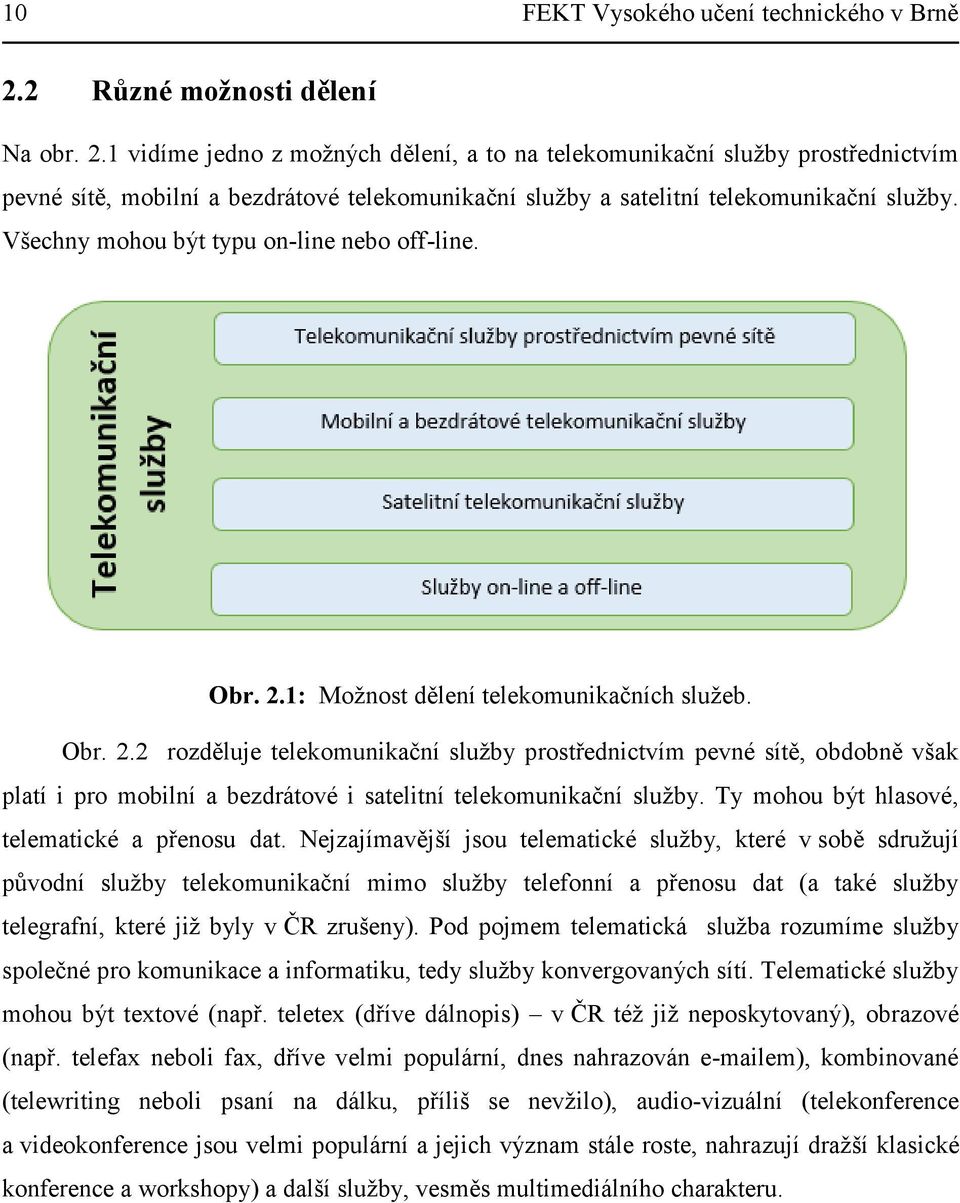 1 vidíme jedno z možných dělení, a to na telekomunikační služby prostřednictvím pevné sítě, mobilní a bezdrátové telekomunikační služby a satelitní telekomunikační služby.