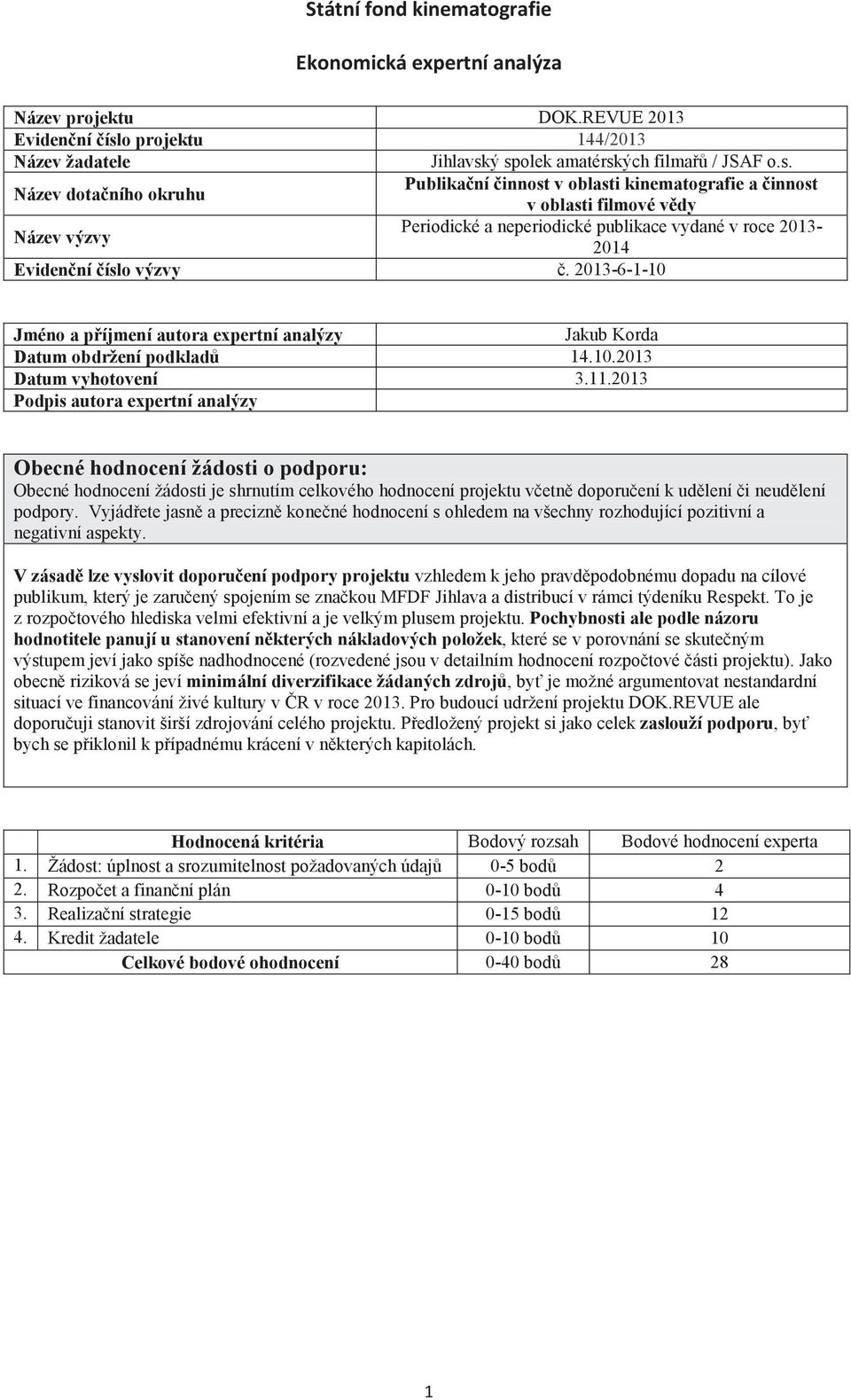 ý spolek amatérských filma / JSAF o.s. Název dotaního okruhu Publikaní innost v oblasti kinematografie a innost v oblasti filmové vdy Název výzvy Periodické a neperiodické publikace vydané v roce 2013-2014 Evidenní íslo výzvy.