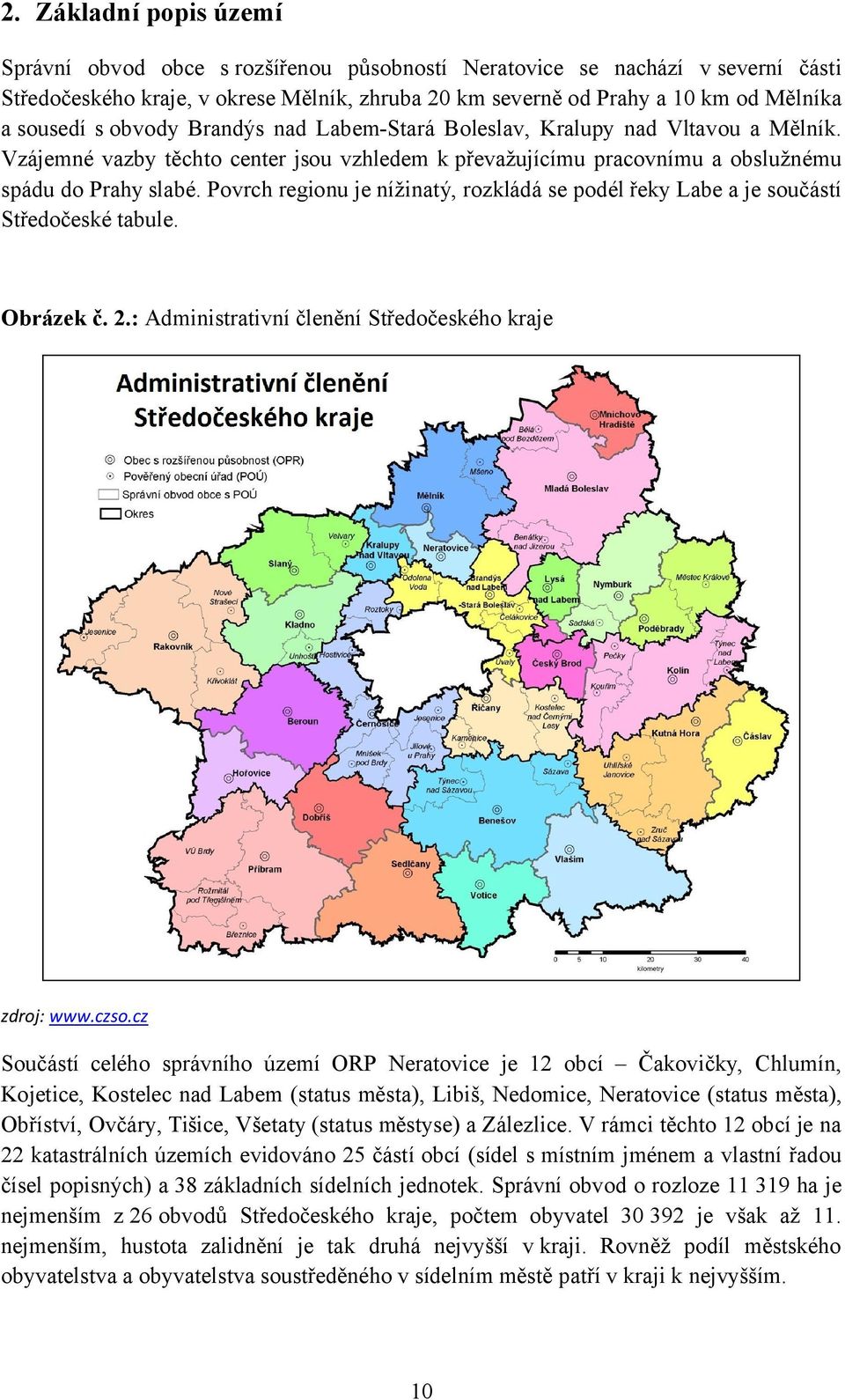 Povrch regionu je nížinatý, rozkládá se podél řeky Labe a je součástí Středočeské tabule. Obrázek č. 2.: Administrativní členění Středočeského kraje zdroj: www.czso.