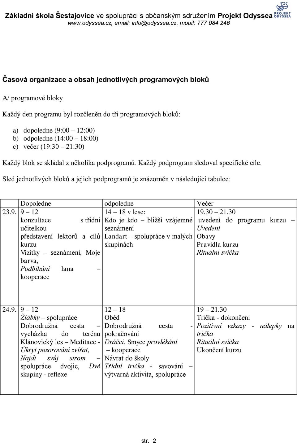 Sled jednotlivých bloků a jejich podprogramů je znázorněn v následující tabulce: Dopoledne odpoledne Večer 23.9. 9 12 konzultace 14 18 v lese: s třídní Kdo je kdo bliţší vzájemné 19.30 21.