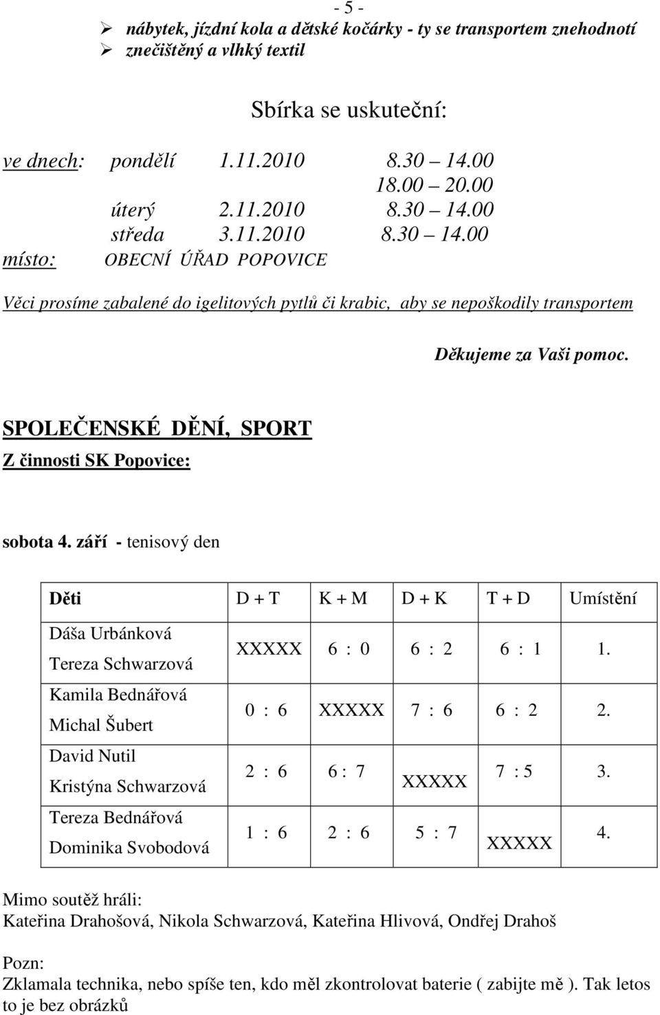 SPOLEČENSKÉ DĚNÍ, SPORT Z činnosti SK Popovice: sobota 4.