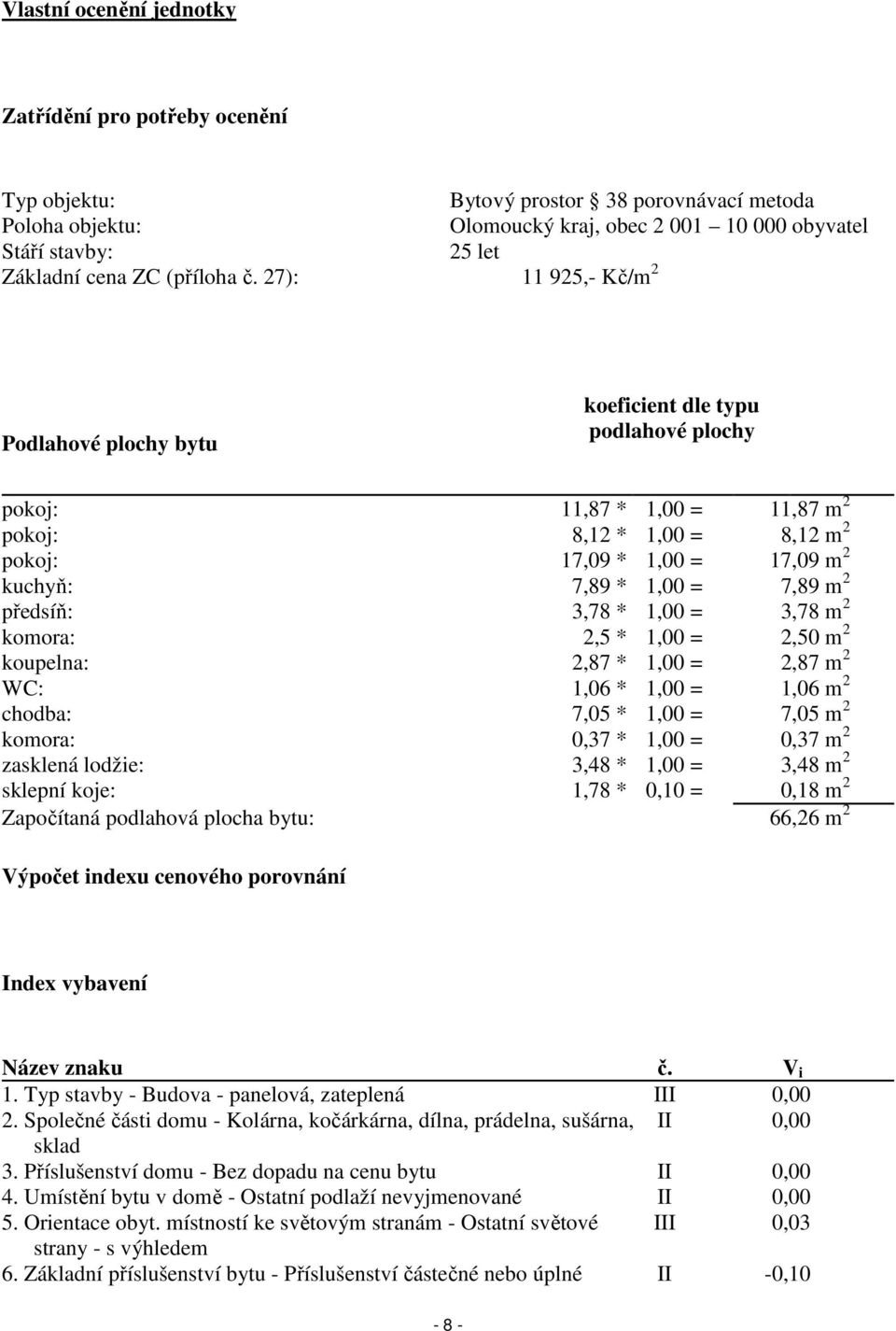 27): 11 925,- Kč/m 2 Podlahové plochy bytu koeficient dle typu podlahové plochy pokoj: 11,87 * 1,00 = 11,87 m 2 pokoj: 8,12 * 1,00 = 8,12 m 2 pokoj: 17,09 * 1,00 = 17,09 m 2 kuchyň: 7,89 * 1,00 =