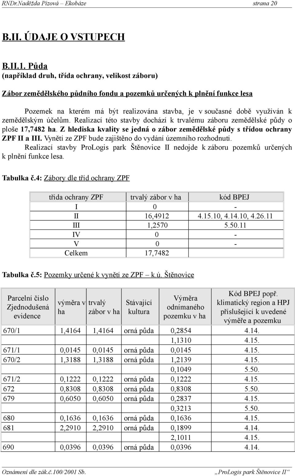 k zemědělským účelům. Realizací této stavby dochází k trvalému záboru zemědělské půdy o ploše 17,748 ha. Z hlediska kvality se jedná o zábor zemědělské půdy s třídou ochrany ZPF II a III.