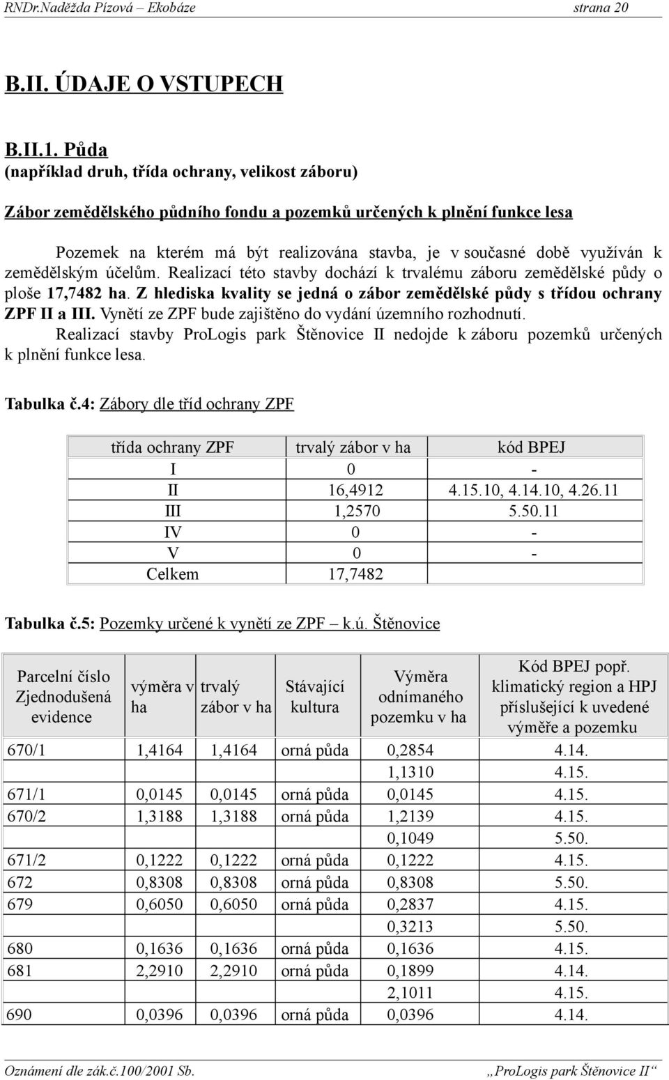 k zemědělským účelům. Realizací této stavby dochází k trvalému záboru zemědělské půdy o ploše 17,748 ha. Z hlediska kvality se jedná o zábor zemědělské půdy s třídou ochrany ZPF II a III.