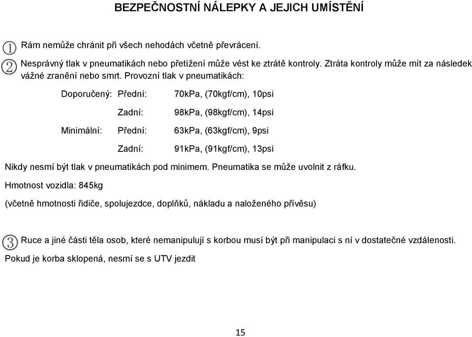 Provozní tlak v pneumatikách: Doporučený: Přední: Zadní: 70kPa, (70kgf/cm), 10psi 98kPa, (98kgf/cm), 14psi Minimální: Přední: 63kPa, (63kgf/cm), 9psi Zadní: 91kPa, (91kgf/cm), 13psi Nikdy