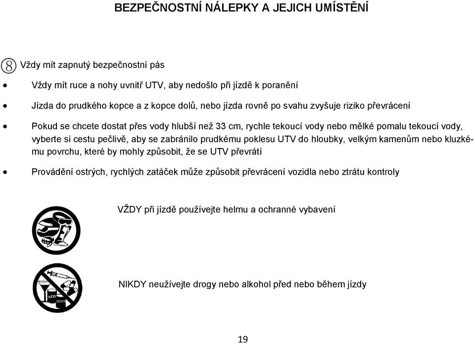 cestu pečlivě, aby se zabránilo prudkému poklesu UTV do hloubky, velkým kamenům nebo kluzkému povrchu, které by mohly způsobit, že se UTV převrátí Provádění ostrých,