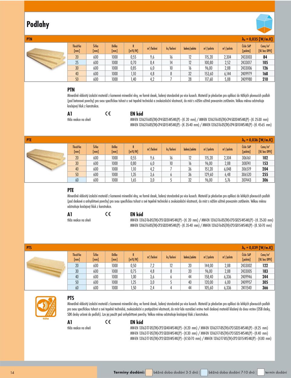 2409979 168 50 600 1000 1,40 4,2 7 28 117,60 5,88 2409980 210 PTN Minerálně vláknitý izolační materiál z kamenné minerální vlny, ve formě desek, balený standardně po více kusech.