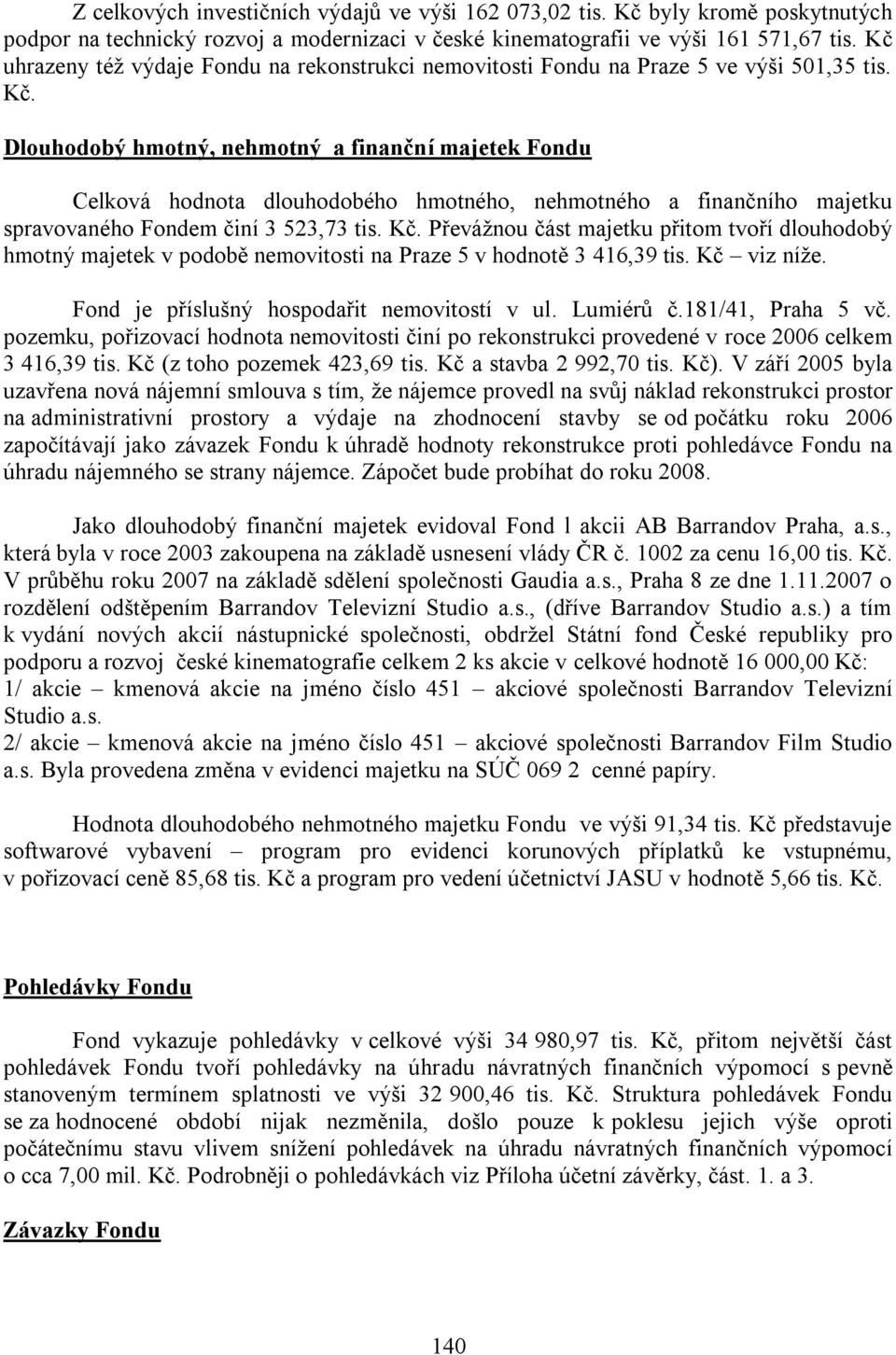 Dlouhodobý hmotný, nehmotný a finanční majetek Fondu Celková hodnota dlouhodobého hmotného, nehmotného a finančního majetku spravovaného Fondem činí 3 523,73 tis. Kč.