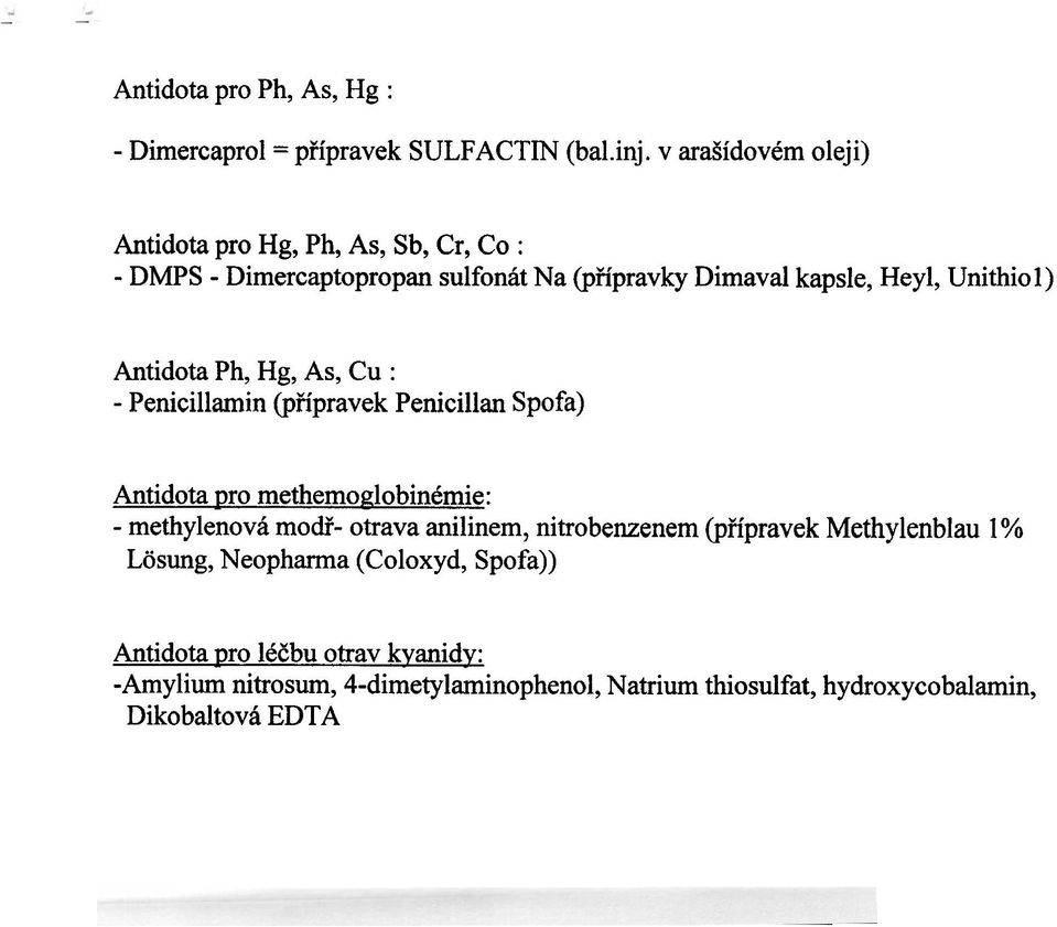 Antidota Ph, Hg, As, Cu : - Penicillamin (pøípravek PenicillanSpora) Antidota Qro methemoglobinémie: - methylenová modø- otrava anilínem,