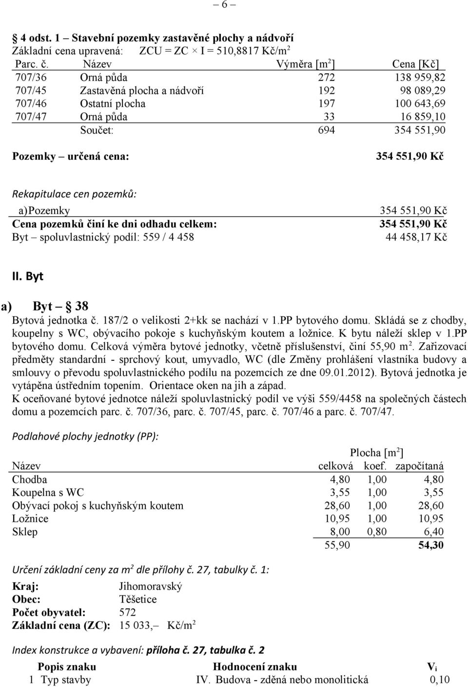 Pozemky určená cena: 354 551,90 Kč Rekapitulace cen pozemků: a)pozemky Cena pozemků činí ke dni odhadu celkem: Byt spoluvlastnický podíl: 559 / 4 458 354 551,90 Kč 354 551,90 Kč 44 458,17 Kč II.