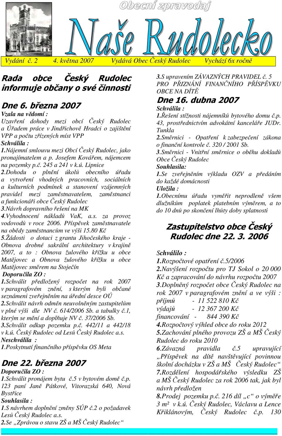 Nájemní smlouvu mezi Obcí Český Rudolec, jako pronajímatelem a p. Josefem Kovářem, nájemcem na pozemky p.č. 245 a 241 v k.ú. Lipnice 2.