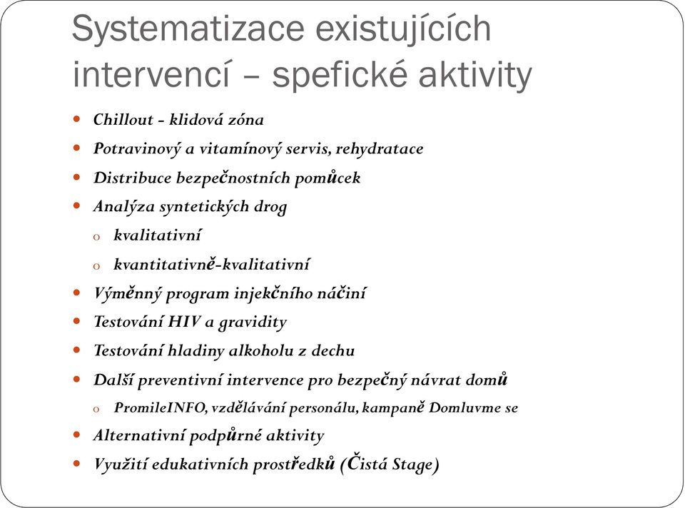 injekčního náčiní Testování HIV a gravidity Testování hladiny alkoholu z dechu Další preventivní intervence pro bezpečný návrat