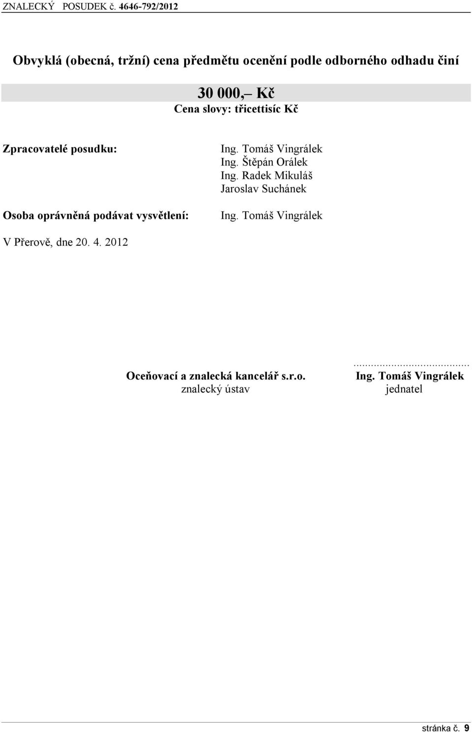 Štěpán Orálek Ing. Radek Mikuláš Jaroslav Suchánek Ing. Tomáš Vingrálek V Přerově, dne 20. 4.