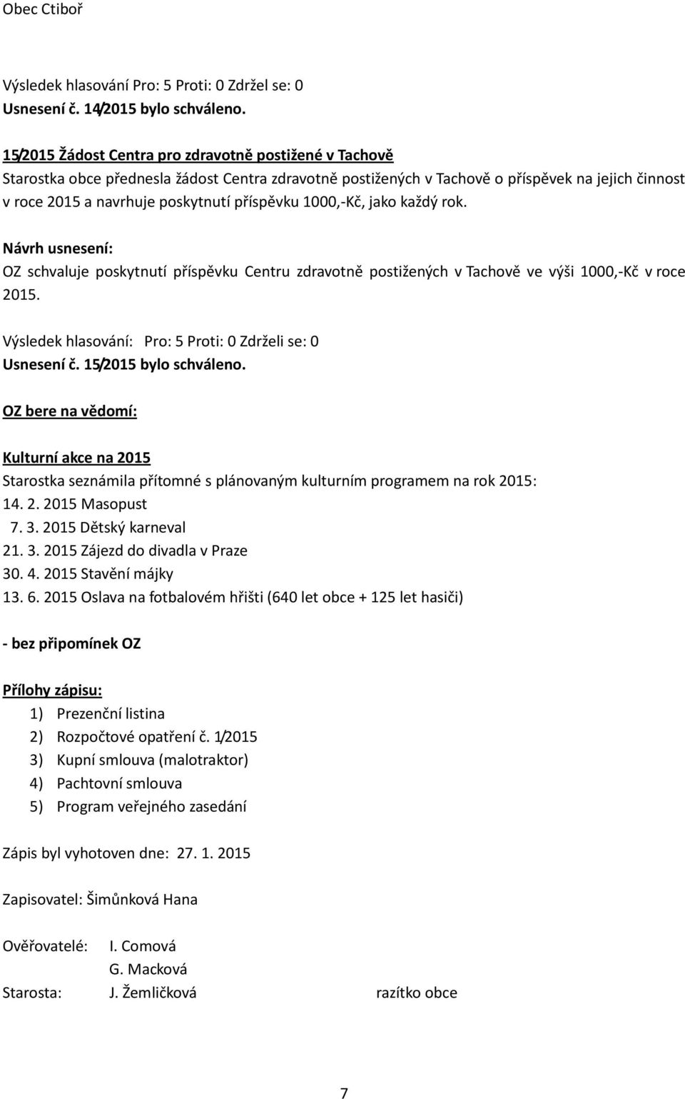 příspěvku 1000,-Kč, jako každý rok. OZ schvaluje poskytnutí příspěvku Centru zdravotně postižených v Tachově ve výši 1000,-Kč v roce 2015. Výsledek hlasování: Pro: 5 Proti: 0 Zdrželi se: 0 Usnesení č.