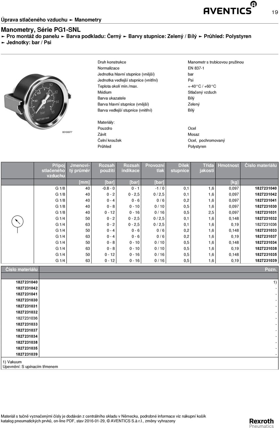 Polystyren Přípoj stlačeného použití indikace Provozní tlak Dílek stupnice Třída jakosti Hmotnost Číslo materiálu [mm] [] [] [] [kg] 1/8 40-0.