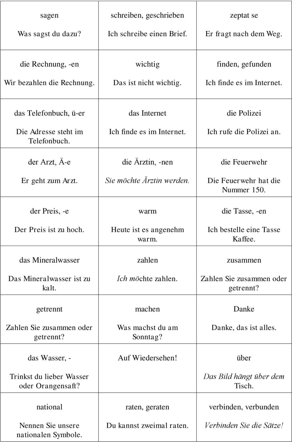 der Arzt, Ä-e Er geht zum Arzt. der Preis, -e Der Preis ist zu hoch. das Mineralwasser Das Mineralwasser ist zu kalt. getrennt Zahlen Sie zusammen oder getrennt?