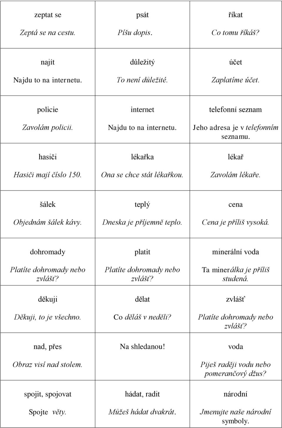 teplý Dneska je příjemně teplo. cena Cena je příliš vysoká. dohromady Platíte dohromady nebo zvlášť? děkuji Děkuji, to je všechno. nad, přes Obraz visí nad stolem. spojit, spojovat Spojte věty.