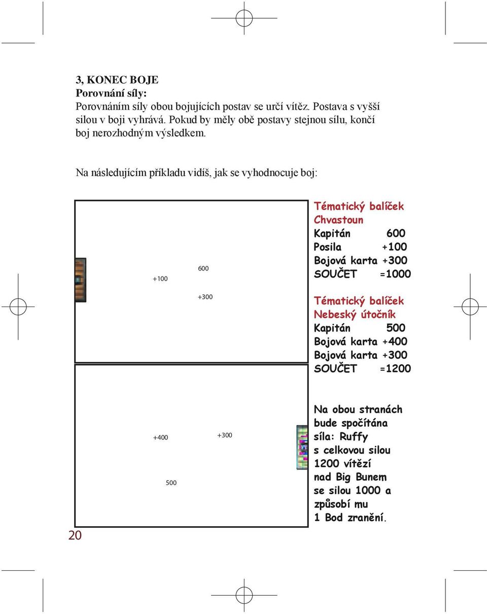 Na následujícím příkladu vidíš, jak se vyhodnocuje boj: +100 600 +300 Tématický balíček Chvastoun Kapitán 600 Posila +100 Bojová karta +300 SOUČET