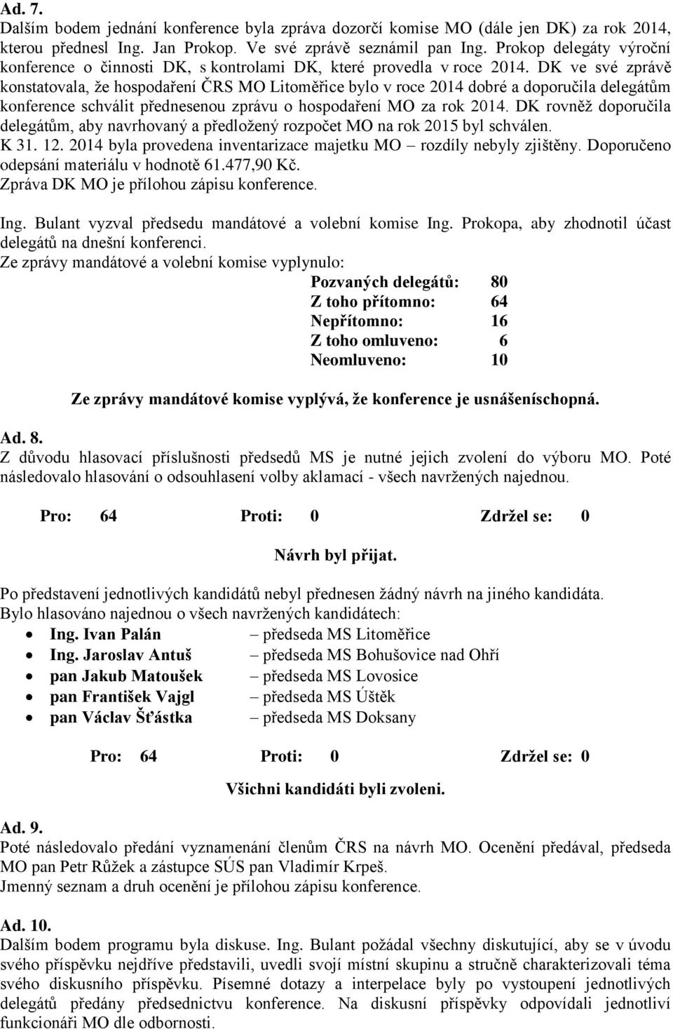 DK ve své zprávě konstatovala, že hospodaření ČRS MO Litoměřice bylo v roce 2014 dobré a doporučila delegátům konference schválit přednesenou zprávu o hospodaření MO za rok 2014.