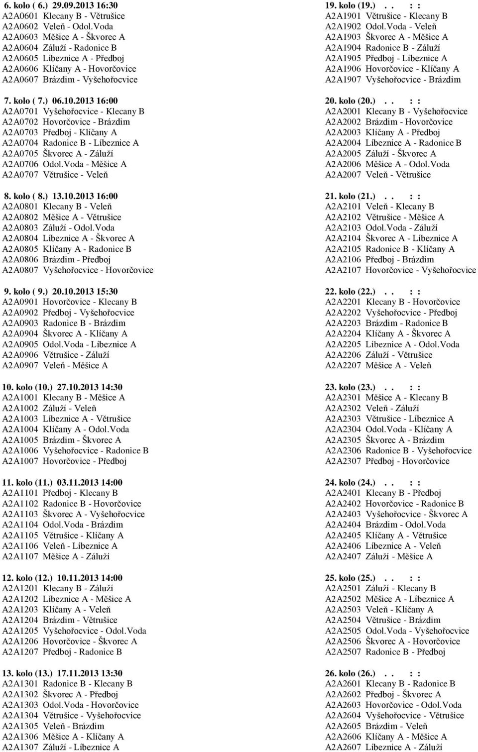 Klíčany A - Hovorčovice A2A1906 Hovorčovice - Klíčany A A2A0607 Brázdim - Vyšehořocvice A2A1907 Vyšehořocvice - Brázdim 7. kolo ( 7.) 